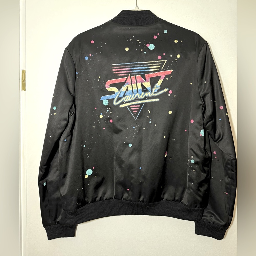 Saint Laurent Satin Bomber Jacket with Logo and Crystals